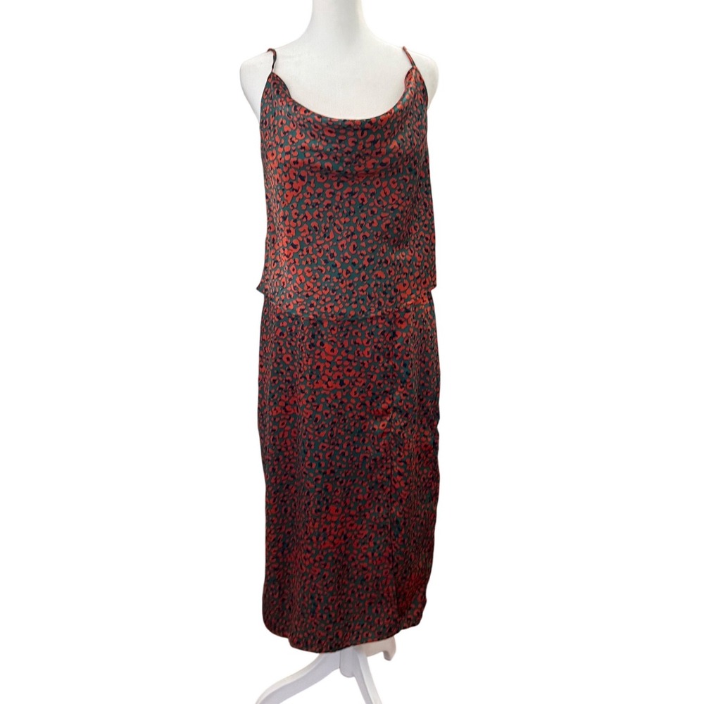 Nasty Gal Red Green Leopard Print Satin Cowl Neck Cami & Midi Skirt Set Size 4